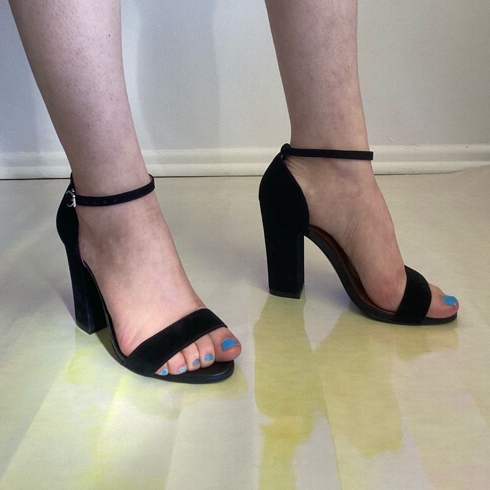 Black strap heels chunky suede